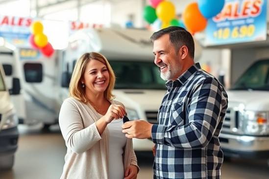 happy RV purchase, couple celebrating, receiving keys, photorealistic, dealership showroom with RVs in background, highly detailed, elements of balloons and sales banners, vivid colors, natural daylight, shot with a 50mm lens.