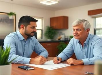 trusted RV loan provider, confident borrower, reviewing terms, photorealistic, inviting bank office with potted plants, highly detailed, document folders and pens on the desk, natural tones, gentle overhead lighting, shot with a prime lens.