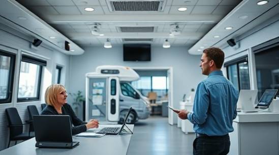secure RV credit financing, diligent applicant, consulting banker, photorealistic, open-plan bank area with security features, highly detailed, visible security cameras and privacy screens, soft cool colors, bright yet soft lighting, shot with a 50mm lens.