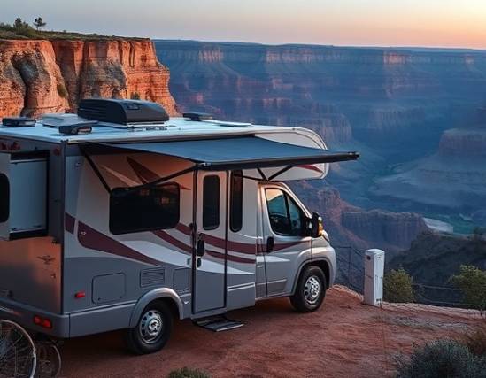 modern RV exterior, adventurous expression, parked near a cliffside, photorealistic, overlooking a vast canyon, highly detailed, slight breeze rustling awning fabric, metallic sheen, natural twilight glow, shot with an 18mm wide-angle lens.