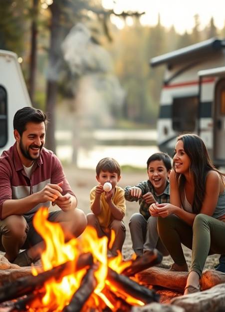 family RV camping, joyful expression, roasting marshmallows by the fire, photorealistic, nestled in a forest clearing with a serene lake, highly detailed, smoke wisps rising, warm earth tones, golden hour lighting, shot with a 50mm lens.