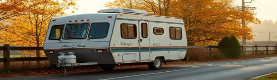 vintage RV, peaceful expression, idling beside an autumn road, photorealistic, surrounded by golden leaves and fading daylight, highly detailed, crisp air mist, rustic tones, afternoon backlighting, shot with a 35mm lens.