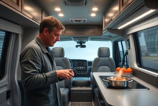 luxurious RV interior, content expression, preparing a meal, photorealistic, featuring a modern kitchenette with stainless steel appliances, highly detailed, steam rising from pots, cool grey palette, overhead LED lighting, shot with a 24mm lens.