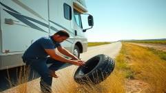 RV repair, determined expression, replacing a flat tire roadside, photorealistic, sunny highway stretch bordered by tall grass, highly detailed, dust motes drifting in the air, vivid blue, midday natural light, shot with a 50mm lens.