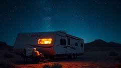 nighttime RV camping, relaxed expression, stargazing through a skylight, photorealistic, isolated desert landscape with a clear starry sky, highly detailed, shooting stars visible, deep indigo, moonlit glow, shot with an 18mm wide-angle lens.