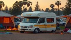 compact RV, curious expression, pulling into a bustling camp, photorealistic, amidst diverse traveler vehicles and tents, highly detailed, campfires flickering, khaki tones, sunset lighting, shot with a 24mm lens.