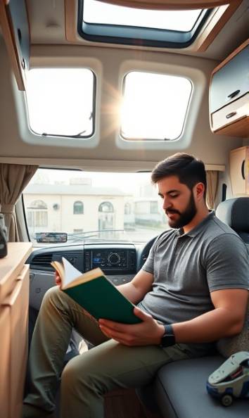 stylish RV lifestyle, relaxed expression, reading book inside, photorealistic, modern interior design with panoramic window views, highly detailed, sun rays filtering in, 4K resolution, muted colors, diffused natural lighting, shot with a 50mm prime lens.