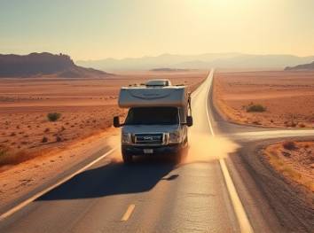 exciting RV roadtrip, adventurous expression, cruising down highway, photorealistic, vast desert landscape with endless road ahead, highly detailed, dust trailing behind wheels, high resolution, earthy colors, midday harsh sunlight, shot with a telephoto lens.