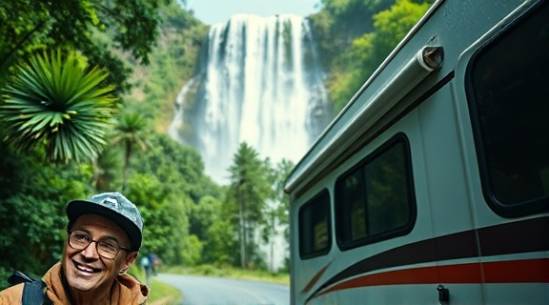 spontaneous RV adventure, surprised expression, arriving at waterfall destination, photorealistic, towering waterfall and lush greenery in the background, highly detailed, water droplets in the air, full HD quality, cool blues and greens, dappled sunlight effects, shot with a macro lens.