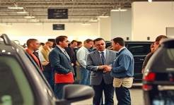 Connecticut sales, persuasive, explaining vehicle features, photorealistic, bustling car sales floor with diverse customers, highly detailed, dynamic conversations and hand gestures, 35mm film, warm earth tones, indoor lighting with natural daylight, shot with a prime lens.