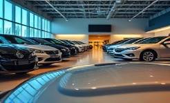 Connecticut showroom, inviting, highlighting vehicle display, photorealistic, elegantly designed interior with polished cars on display, highly detailed, reflection gleaming on surfaces, 60mm lens, cool metallic tones, focused spotlight lighting, shot with a macro lens.