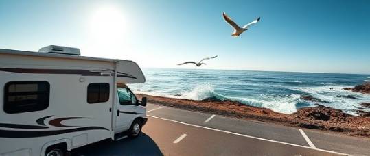 Connecticut RV, adventurous, traveling along the coastline, photorealistic, scenic drive with ocean views and waves crashing, highly detailed, seagulls flying overhead, 40mm lens, serene blues and whites, sun casting long shadows, shot with a panoramic lens.