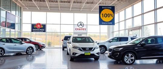 Connecticut dealers, professional, showcasing latest models, photorealistic, clean modern dealership with large display windows, highly detailed, banners and signs promoting deals, 35mm film, bright contrasting colors, well-lit showroom environment, shot with a standard lens.