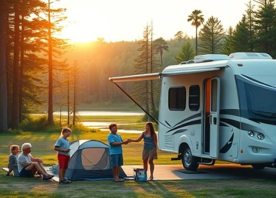 modern RV camping, family joy, setting up a campsite, photorealistic, lush forest backdrop with a sparkling lake in view, highly detailed, children playing with a frisbee, soft pastel colors, warm evening glow, shot with a 50mm prime lens.