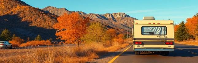 classic RV outdoors, adventurous spirit, cruising down a scenic highway, photorealistic, mountainous terrain with autumn foliage and clear blue sky, highly detailed, leaves blowing in the wind, rich earth tones, golden hour sunlight, shot with a telephoto lens.
