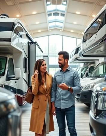 luxury RV dealership, excited couple, examining interior features, photorealistic, showroom with large windows and sleek modern design, highly detailed, sales associate explaining, neutral tones, bright overhead lighting, shot with a 24mm wide lens.