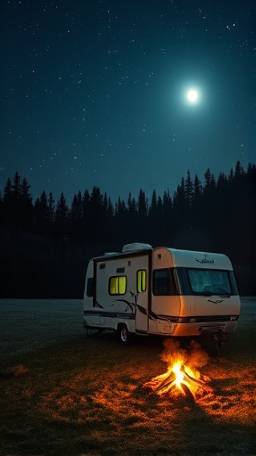 compact RV camping, peaceful solitude, parked under starlit sky, photorealistic, open field beside a quiet forest, highly detailed, campfire with smoke trails, deep blues and grays, soft moonlight, shot with a 35mm lens.