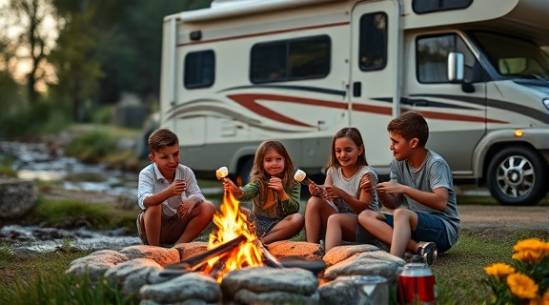 family RV camping, playful atmosphere, children toasting marshmallows, photorealistic, near a bubbling stream surrounded by wildflowers, highly detailed, sparks from the campfire, warm and earthy colors, dusk lighting, shot with a macro lens.