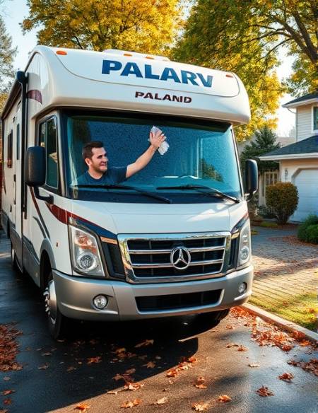modern RV cleaning, satisfied look, wiping the windshield, photorealistic, suburban driveway with autumn leaves, highly detailed, water droplets in the air, wide-angle view, crisp whites and blues, harsh afternoon sun, shot with a 24mm lens.