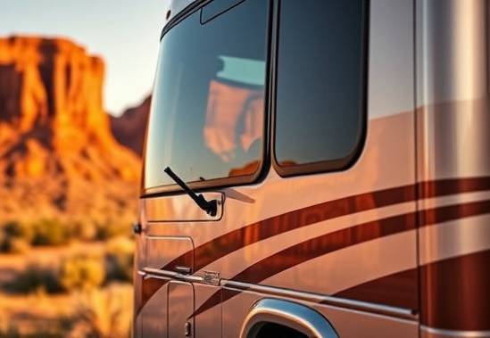luxury RV upkeep, meticulous attention, polishing the exterior, photorealistic, desert landscape with red rock formations, highly detailed, reflections on the glossy surface, soft bokeh, gold and silver hues, golden hour lighting, shot with an 85mm lens.