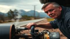 classic RV checks, determined gaze, inspecting the engine, photorealistic, roadside with mountains in the distance, highly detailed, steam rising from the engine, shallow depth of field, rust and chrome tones, dim overcast light, shot with a 35mm lens.