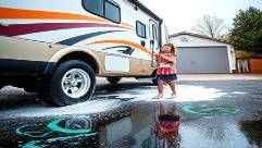 family RV care, joyful expression, washing the wheel wells, photorealistic, driveway with children's chalk drawings, highly detailed, soap suds dripping down, fisheye perspective, vibrant primary colors, midday natural light, shot with a 16mm lens.