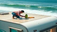 retro RV cleaning, focused concentration, scrubbing the roof, photorealistic, coastal backdrop with crashing waves, highly detailed, sea spray and suds, panorama shot, vintage teal and white colors, soft morning light, shot with a 20mm lens.