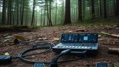 compact RV checks, analytical expression, testing electrical connections, photorealistic, forest clearing with fallen branches, highly detailed, cables and devices scattered, close-up shot, muted greens and browns, filtered forest light, shot with a 100mm lens.