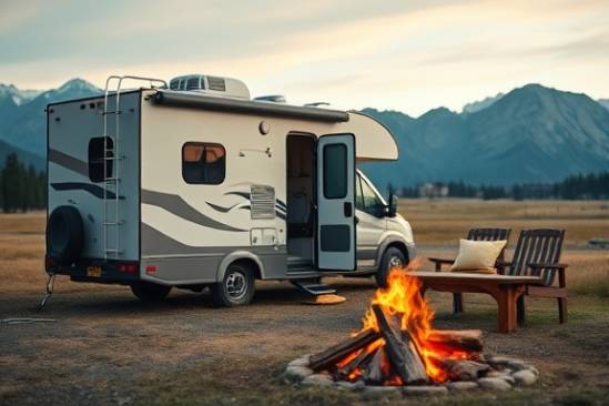 modern RV outdoors, joyful expression, set up for camping, photorealistic, open field with mountain backdrop, highly detailed, campfire with light smoke, shallow depth of field, earthy hues, soft morning light, shot with a wide-angle lens.