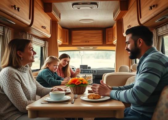spacious RV interior, cozy expression, family gathering around a table, photorealistic, wood paneling with ambient light, highly detailed, vibrant textiles and decor items, macro shot for intricate features, warm color palette, ambient interior lighting, shot with a 50mm lens.
