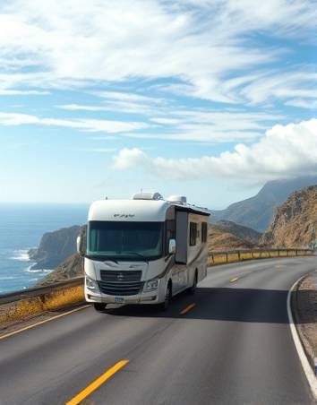 sleek RV on a cross-country road trip, adventurous expression, driving through a scenic highway, photorealistic, coastal cliffs with ocean views, highly detailed, gentle breeze with moving clouds, clear focus, cool blues and greens, midday lighting, shot with a telephoto lens.