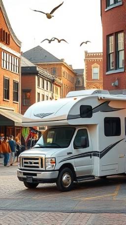 luxury RV in a vibrant Connecticut town, leisurely expression, parked by a bustling marketplace, photorealistic, cobblestone streets with local vendors, highly detailed, birds flying in the distance, deep focus, rich autumn colors, bright midday lighting, shot with a 24mm lens.