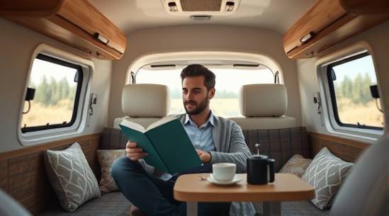 compact RV interior during travel, relaxed expression, traveler reading a book, photorealistic, minimalistic decor with natural light, highly detailed, coffee essentials on a small table, intimate focus, neutral tones, gentle midday light, shot with a 35mm prime lens.
